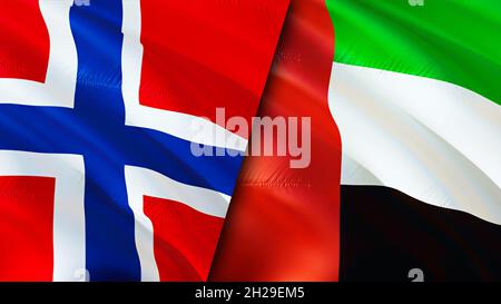 Flagge Norwegens und der Vereinigten Arabischen Emirate. 3D-Design mit winkender Flagge. Norwegen Vereinigte Arabische Emirate Flagge, Bild, Tapete. Norwegen vs. Vereinigte Arabische Emirate ima Stockfoto