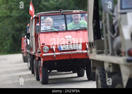 Treffen von Steyr-Puch Haflinger Geländewagen in Bad Ischl, Österreich, Europa - Treffen der Steyr-Puch Haflinger Geländewagen in Bad Ischl, Austr Stockfoto