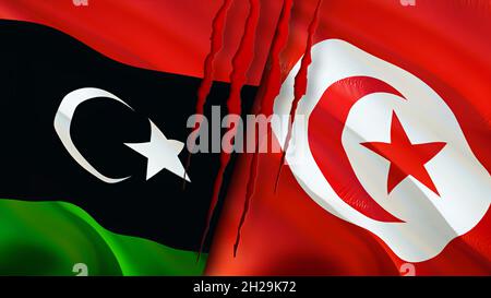 Libyen und Tunesien Flaggen mit Narbenkonzept. Winkende Flagge, 3D-Rendering. Konfliktkonzept Tunesien und Libyen. Libyen Tunesien Beziehungen Konzept. Flagge von Liby Stockfoto