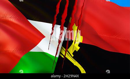 Palästina und Angola Flaggen mit Narbenkonzept. Winkende Flagge, 3D-Rendering. Palästina und Angola Konfliktkonzept. Palästina Angola Beziehungskonzept. fla Stockfoto