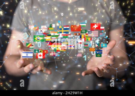 3D-gerenderte Weltkarte mit allen Staaten und ihren Flaggen in den Händen eines Mannes im Hintergrund Stockfoto