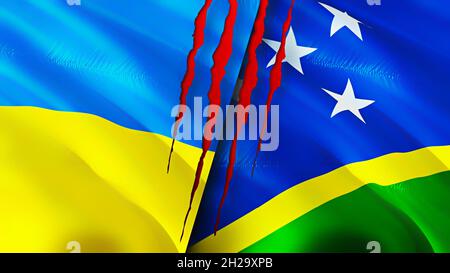 Flaggen der Ukraine und der Salomonen mit Narbenkonzept. Winkende Flagge, 3D-Rendering. Konfliktkonzept der Ukraine und der Salomonen. Ukraine Salomonen r Stockfoto