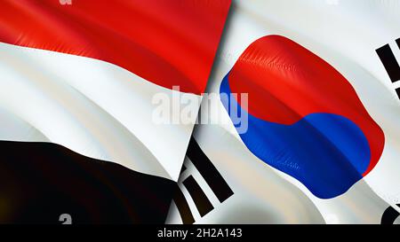 Jemen und Südkorea Flaggen. 3D-Design mit winkender Flagge. Jemen Südkorea Flagge, Bild, Tapete. Bild Jemen vs Südkorea, 3D-Rendering. Jemen Süd K Stockfoto