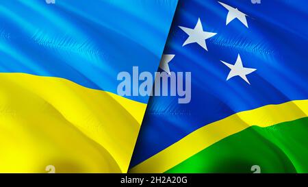 Flagge der Ukraine und der Salomonen. 3D-Design mit winkender Flagge. Ukraine Salomonen Flagge, Bild, Tapete. Ukraine vs Solomon Islands Bild, 3D-Rendering Stockfoto