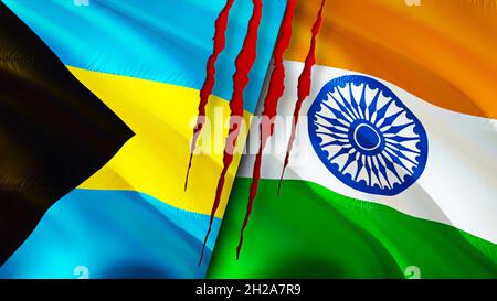 Bahamas und Indien Flaggen mit Narbenkonzept. Winkende Flagge, 3D-Rendering. Bahamas und Indien Konfliktkonzept. Bahamas Indien Beziehungen Konzept. Flagge von Baha Stockfoto