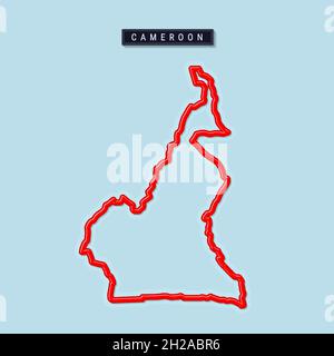 Kamerun Bold Outline Karte. Glänzender roter Rand mit weichem Schatten. Länderschild. Vektorgrafik. Stock Vektor