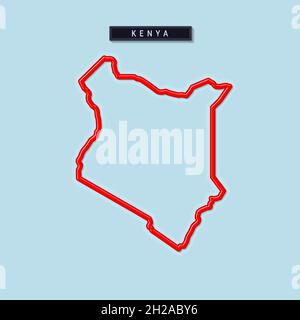 Kenya Bold Outline Karte. Glänzender roter Rand mit weichem Schatten. Länderschild. Vektorgrafik. Stock Vektor