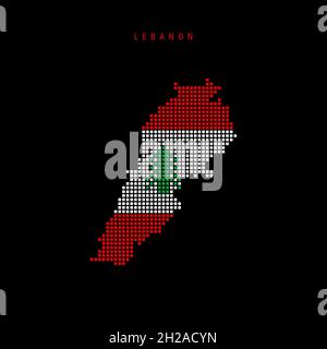 Karte mit quadratischen Punkten und Muster des Libanon. Gepunktete Pixelkarte mit Nationalflaggenfarben auf schwarzem Hintergrund isoliert. Vektorgrafik. Stock Vektor