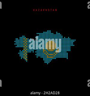 Quadratische Punkte Musterkarte von Kasachstan. Gepunktete Pixelkarte mit Nationalflaggenfarben auf schwarzem Hintergrund isoliert. Vektorgrafik. Stock Vektor