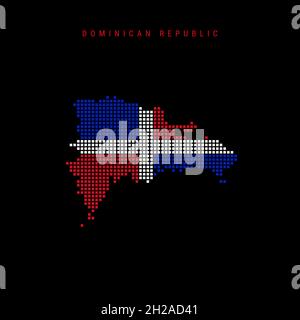 Karte mit quadratischen Punkten von der Dominikanischen Republik. Gepunktete Pixelkarte mit Nationalflaggenfarben auf schwarzem Hintergrund isoliert. Vektorgrafik. Stock Vektor