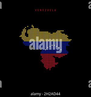 Quadratische Punkte Musterkarte von Venezuela. Gepunktete Pixelkarte mit Nationalflaggenfarben auf schwarzem Hintergrund isoliert. Vektorgrafik. Stock Vektor