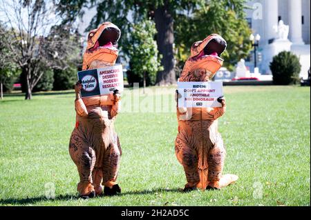 Washington, Usa. Oktober 2021. Demonstranten, die in Dinosaurier-Kostümen gekleidet sind, halten während der Demonstration Plakate.Demonstration, die von PETA (People for the Ethical Treatment of Animals) für die Ernennung eines neuen NIH (National Institutes of Health)-Direktors organisiert wurde, der gegen Tierversuche ist. Die Demonstranten verkleideten sich als Dinosaurier und trugen Schilder mit der Aufschrift „Biden: Ernennen Sie keinen weiteren NIH-Dinosaurier“ und „Amerika verdient moderne Forschung“. Kredit: SOPA Images Limited/Alamy Live Nachrichten Stockfoto