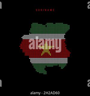 Karte mit quadratischen Punkten von Suriname. Gepunktete Pixelkarte mit Nationalflaggenfarben auf schwarzem Hintergrund isoliert. Vektorgrafik. Stock Vektor