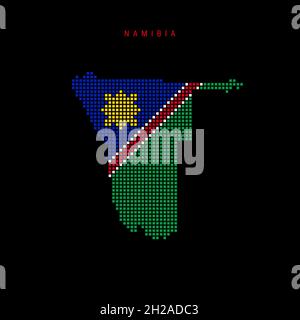 Karte mit quadratischen Punkten von Namibia. Gepunktete Pixelkarte mit Nationalflaggenfarben auf schwarzem Hintergrund isoliert. Vektorgrafik. Stock Vektor