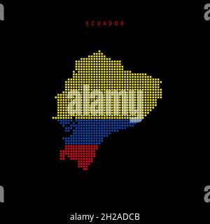 Karte mit quadratischen Punkten von Ecuador. Gepunktete Pixelkarte mit Nationalflaggenfarben auf schwarzem Hintergrund isoliert. Vektorgrafik. Stock Vektor