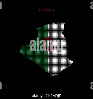Karte mit quadratischen Punkten von Algerien. Gepunktete Pixelkarte mit Nationalflaggenfarben auf schwarzem Hintergrund isoliert. Vektorgrafik. Stock Vektor