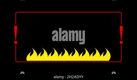 Heißer Verkauf Textrahmen. Rechteckiger roter Rahmen mit Ausrufezeichen und Flammen unten. Flache Vektorgrafik isoliert auf schwarzem Hintergrund. Stock Vektor