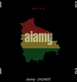 Quadratische Punkte Musterkarte von Bolivien. Gepunktete Pixelkarte mit Nationalflaggenfarben auf schwarzem Hintergrund isoliert. Vektorgrafik. Stock Vektor