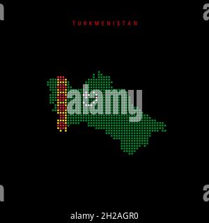 Karte mit quadratischen Punkten von Turkmenistan. Gepunktete Pixelkarte mit Nationalflaggenfarben auf schwarzem Hintergrund isoliert. Vektorgrafik. Stock Vektor