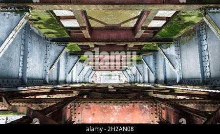 Verrostete Metallstruktur einer alten Eisenbahnbrücke, bedeckt mit Moos Stockfoto
