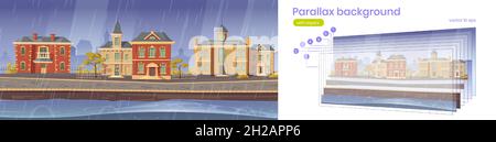 Parallax Hintergrund 2d vintage Stadt bei regnerischem Wetter, retro Stadtbild Herbst Straße mit europäischen kolonialen viktorianischen Gebäuden und Seepromenade. Cartoon-Spiel geschichteten Szene, Vektor-Illustration Stock Vektor