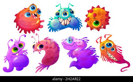 Cartoon-Keime, Viren, Mikroben und Bakterien Vektorfiguren. Niedliche Keime mit lustigen Gesichtern, bunte Zellen mit Zähnen und Zungen. Lächelnde pathogene Monster mit großen Augen und Auswuchsen isoliert gesetzt Stock Vektor