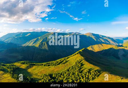 Luftaufnahme von Bergen und grünen Wäldern mit Gras in Kanas Scenic Area, Xinjiang, China. Stockfoto