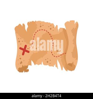 Alte Schatzkarte der Piraten. Piratensymbol auf weißem Hintergrund isoliert. Vektor-Illustration im flachen Cartoon-Stil Stock Vektor