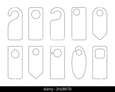 Hotel Tür Aufhänger Tags Umriss Vorlage Symbol Zeichen Set flach Stil Design Vektor Illustration. Leere Tür Flyer oder nicht stören Mock up isoliert auf w Stock Vektor