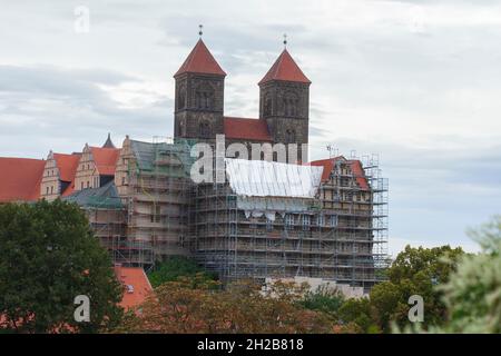 Sanierung Schlossberg mit Stiftskirche St. Servatius und Schloss, Baustelle, Quedlinburg, Sachsen-Anhalt, Deutschland, Europa Stockfoto