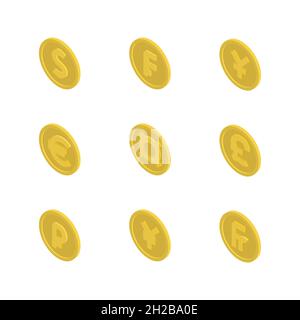 Satz von Goldmünzen mit Symbolen der Weltwährungen. Flacher, isometrischer 3D-Stil, Vektordarstellung. Stock Vektor