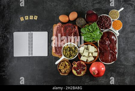 Gesunde Ernährung Konzept, mockup. Lebensmittel mit hohem Eisengehalt, eine gute Quelle für Ihre Gesundheit, Nervensystem und endokrines System, Bio-Zutaten. Stockfoto