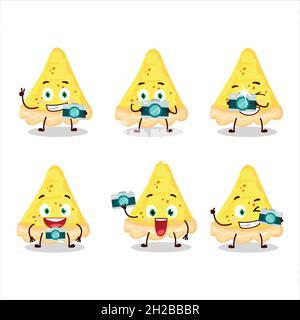 Fotograf Beruf Emoticon mit Scheibe Käse tart Cartoon-Figur. Vektorgrafik Stock Vektor