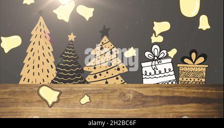Bild von Schnee und Glocken fallen über weihnachtsbäume und Geschenke auf schwarzem Hintergrund Stockfoto