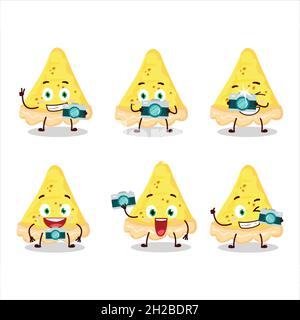 Fotograf Beruf Emoticon mit Scheibe Käse tart Cartoon-Figur. Vektorgrafik Stock Vektor