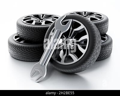 Schraubenschlüssel und Reifen auf weißem Hintergrund isoliert. 3D-Illustration. Stockfoto