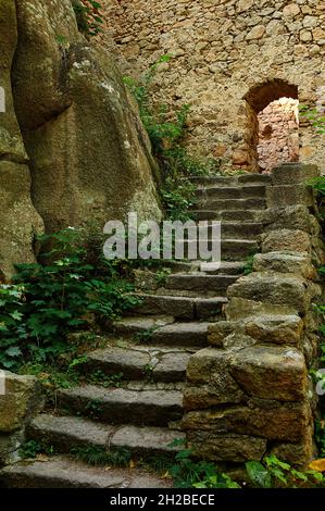 Steintreppen in den Ruinen einer mittelalterlichen Ritterburg Stockfoto