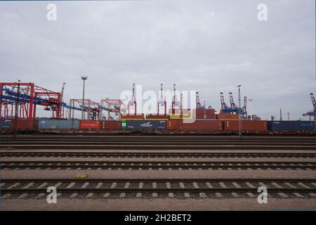 Hamburg, Deutschland. Oktober 2021. Auf den Gleisen am Waltershof im Hamburger Hafen stehen Züge mit Containern. Im Hintergrund sind die Container-Portalkrane der Eurogate-Terminals zu sehen. Kredit: Marcus Brandt/dpa/Alamy Live Nachrichten Stockfoto