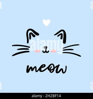 Katze niedliches Gesicht Miow Vektor Doodle Illustration isoliert auf blauem Hintergrund mit Schriftzug Miow. Kinder Babykrippe Pastell Poster. Stock Vektor