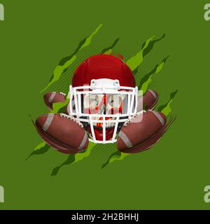 Zeitgenössische Kunst Collage aus Schädel in schützenden Fußball-Helm isoliert auf grünem Hintergrund. Teamgeist Stockfoto