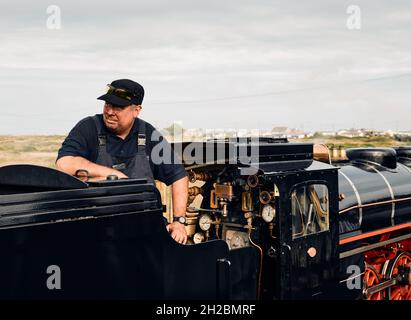 Ein Dampflokomotive und eine Black Prince Lokomotive auf der Schmalspurbahn Romney, Hythe und Dymchurch Railway RH&DR in Dungeness Kent England Stockfoto