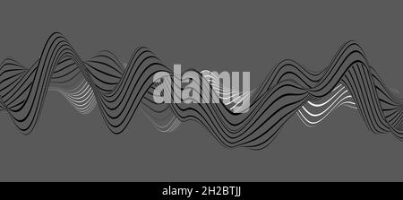Monochrome 3D-Wellenformstruktur mit Streifen, abstrakte Visualisierung fließender Audio-Schallwellen oder Stimmwiedergabe vor grauem Hintergrund Stockfoto