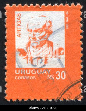 URUGUAY - UM 1990: Briefmarke gedruckt von Uruguay, zeigt Jose Gervasio Artigas, um 1990 Stockfoto