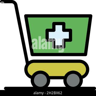 Einkaufswagen mit einem Kreuz-Symbol. Umreißen Sie den Warenkorb mit einer Kreuzvektor-Symbolfarbe flach isoliert Stock Vektor