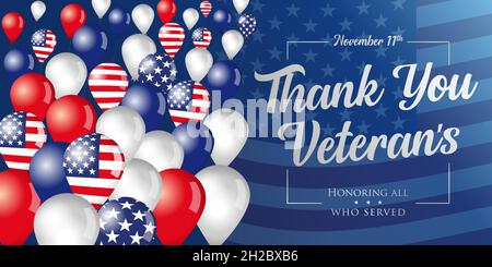 Danke Veteranen Phrase und fliegende Ballons auf amerikanischen Flagge Hintergrund. Veterans Day USA Banner, zu Ehren aller, die gedient haben. Vektorgrafik Stock Vektor