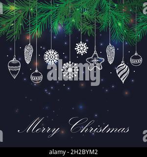 Weihnachten handgezeichnete Pelzbaum für Weihnachten Design. Mit Bällen, Spielzeug, Schneeflocken und Tannenzapfen. Dunkle magische Textur für Vintage Xmas Einladung Design. Stock Vektor