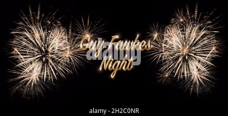 Guy Fawkes Night, Display-Karte oder Poster-Design mit glühendem goldenem Text und Feuerwerk mit feurig platzenden Raketen am schwarzen Nachthimmel Stockfoto