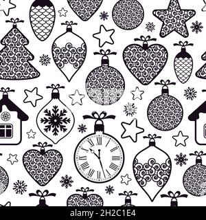 Schönes Design Weihnachten nahtlose Muster mit Weihnachten Spielzeug, Kugeln, Schneeflocken und Sterne auf weißem Hintergrund. Grafisches geometrisches Oberflächenmuster. Stock Vektor