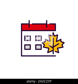 Herbstbinder Kalenderseite mit Ahornblatt. Pixel perfekte, bearbeitbare Kontur farbige Strichkunst Symbol Stock Vektor