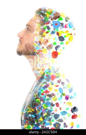Paintographie. Bunte abstrakte Malerei kombiniert mit einem Profilportrait Stockfoto